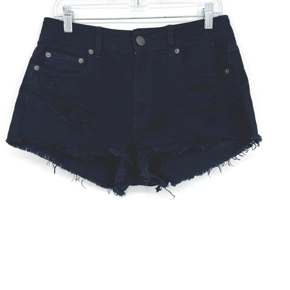 American Eagle Hi-Rise Festival Black Distressed Denim Shorts Size 8 Cut Offs